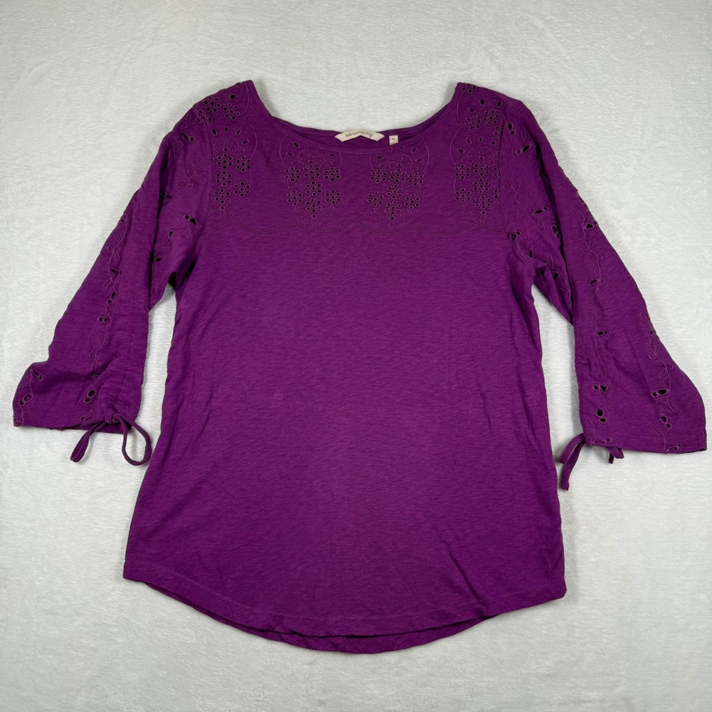 Soft Surroundings Purple Eyelet Embroidered 3/4 Sleeve Tie Cuff Top Medium 2ED91